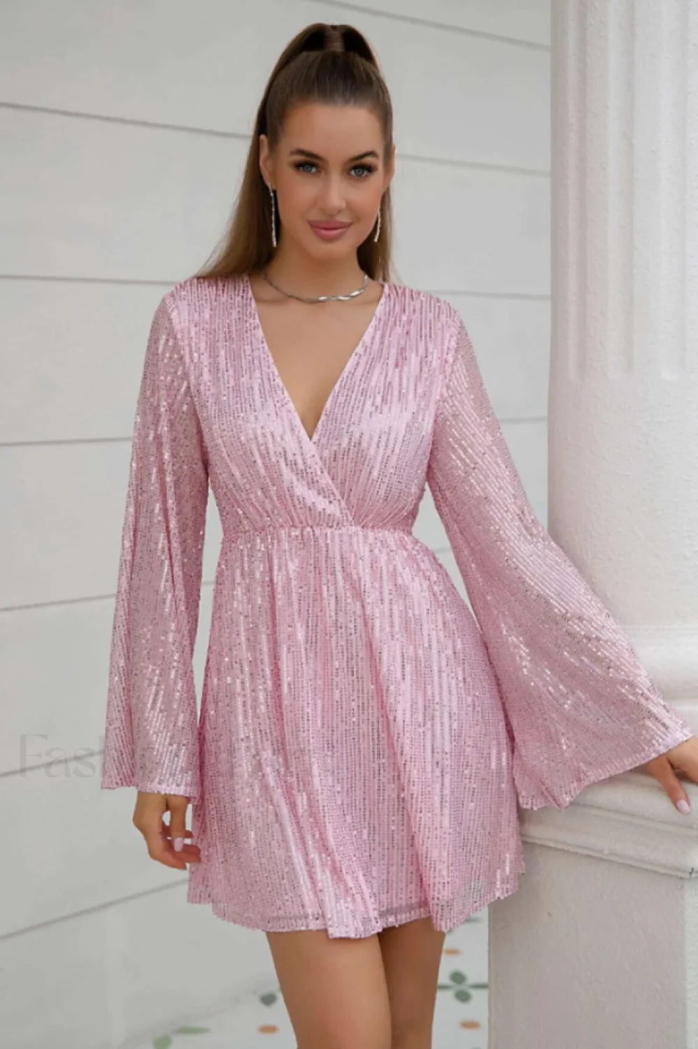 Plunging Neck Stylish Sequin Dress S / Pink