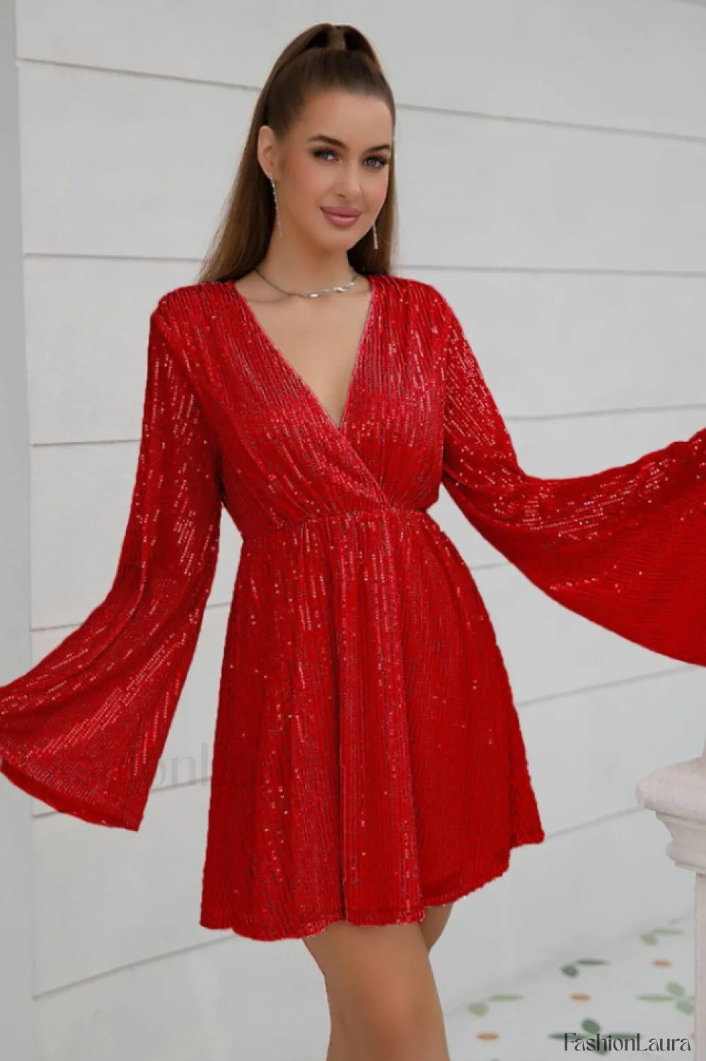 Plunging Neck Stylish Sequin Dress S / Red