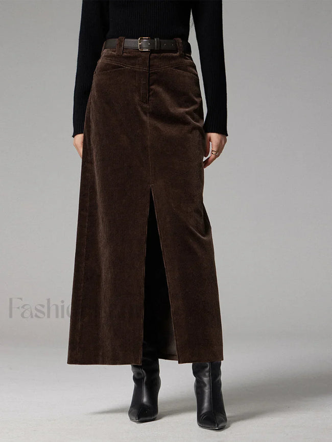 Pockets Corduroy Slit Maxi Skirt Brown / XS Skirts Main image