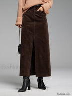 Pockets Corduroy Slit Maxi Skirt Skirts