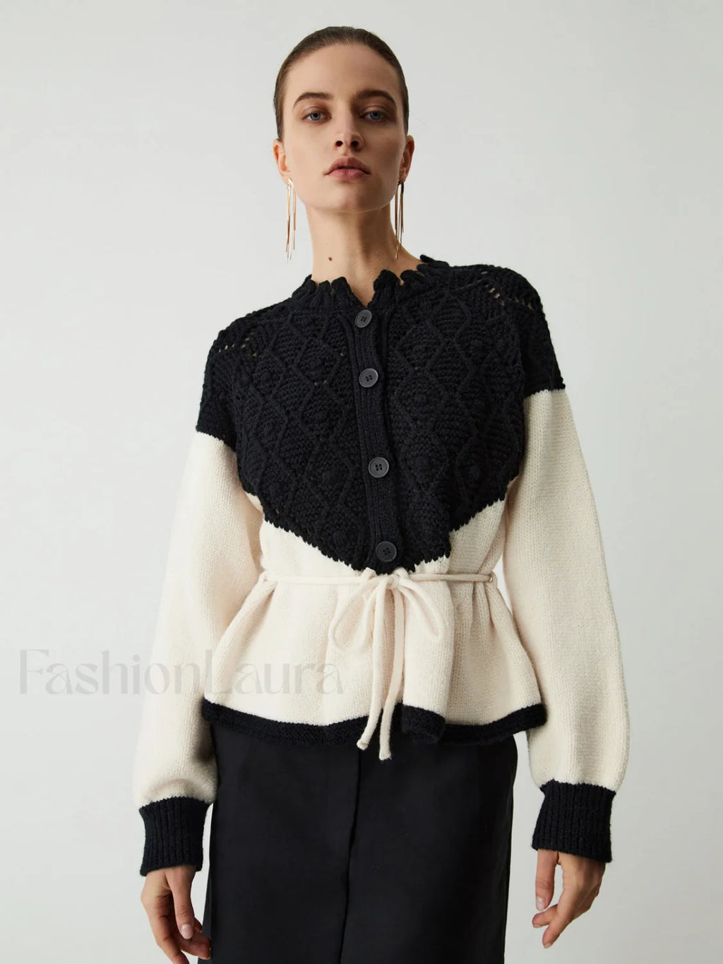 Pointelle Knit Patchwork Trendy Tie Front Sweater Black / XS Sweaters L