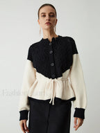 Pointelle Knit Patchwork Trendy Tie Front Sweater Black / XS Sweaters L