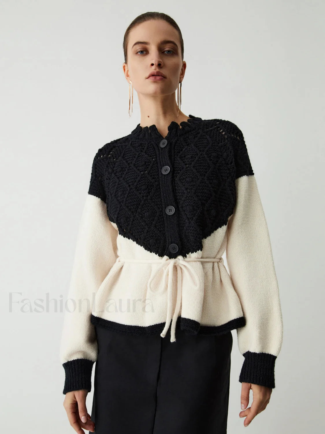 Pointelle Knit Patchwork Trendy Tie Front Sweater Black / XS Sweaters L