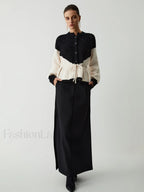 Pointelle Knit Patchwork Trendy Tie Front Sweater Sweaters L