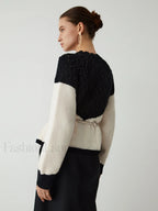 Pointelle Knit Patchwork Trendy Tie Front Sweater Sweaters L