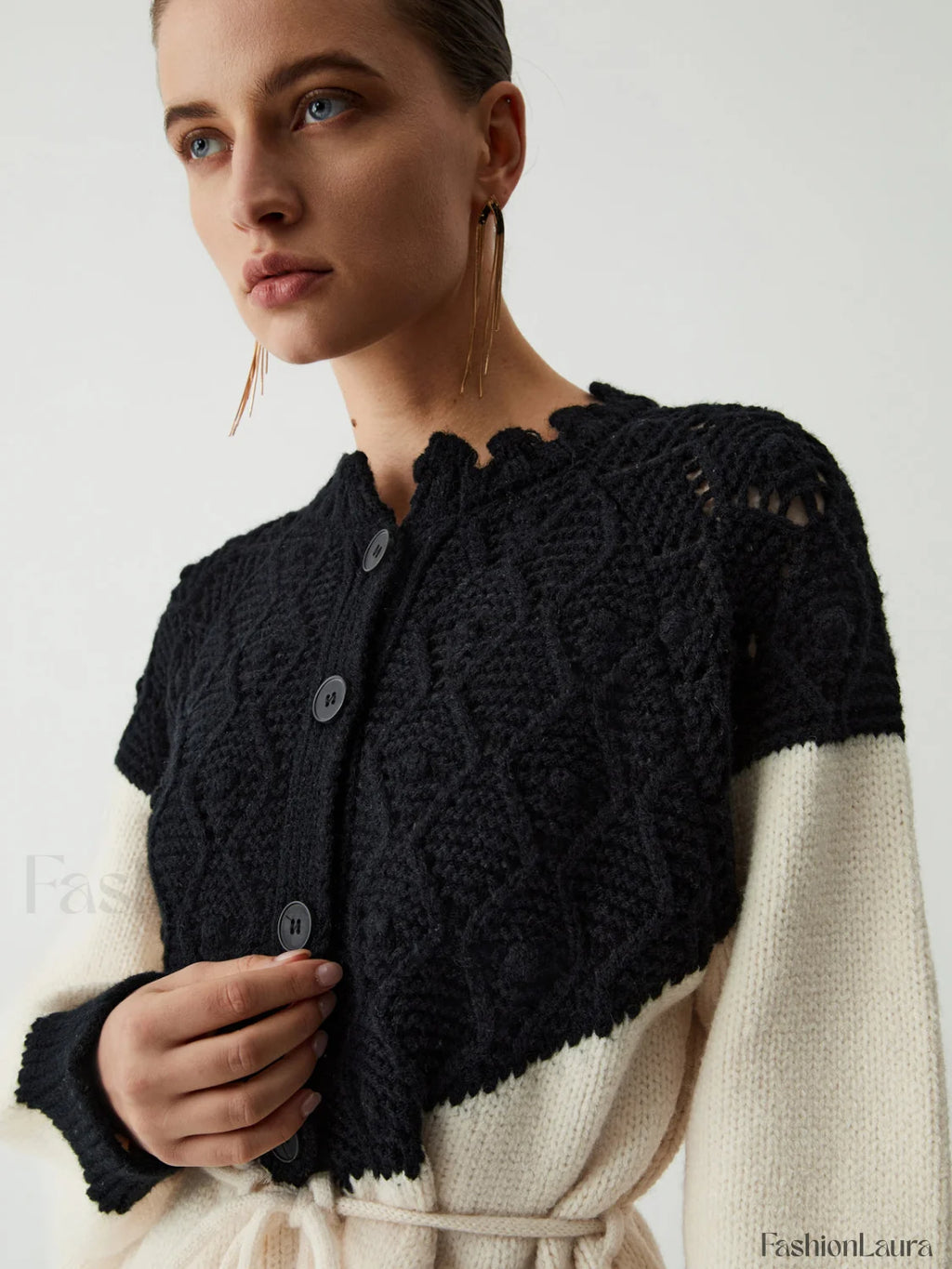 Pointelle Knit Patchwork Trendy Tie Front Sweater Sweaters L