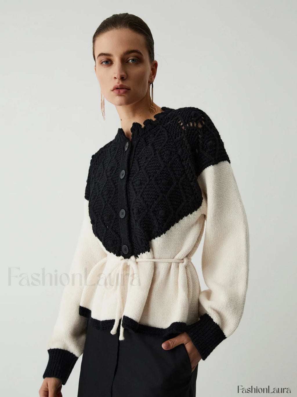 Pointelle Knit Patchwork Trendy Tie Front Sweater Sweaters L