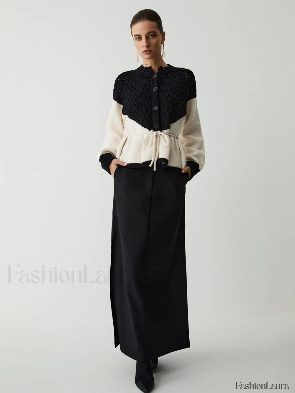 Pointelle Knit Patchwork Trendy Tie Front Sweater Sweaters L