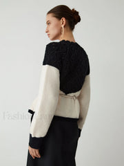 Pointelle Knit Patchwork Trendy Tie Front Sweater Sweaters L