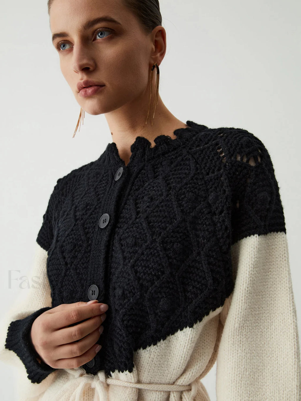 Pointelle Knit Patchwork Trendy Tie Front Sweater Sweaters L