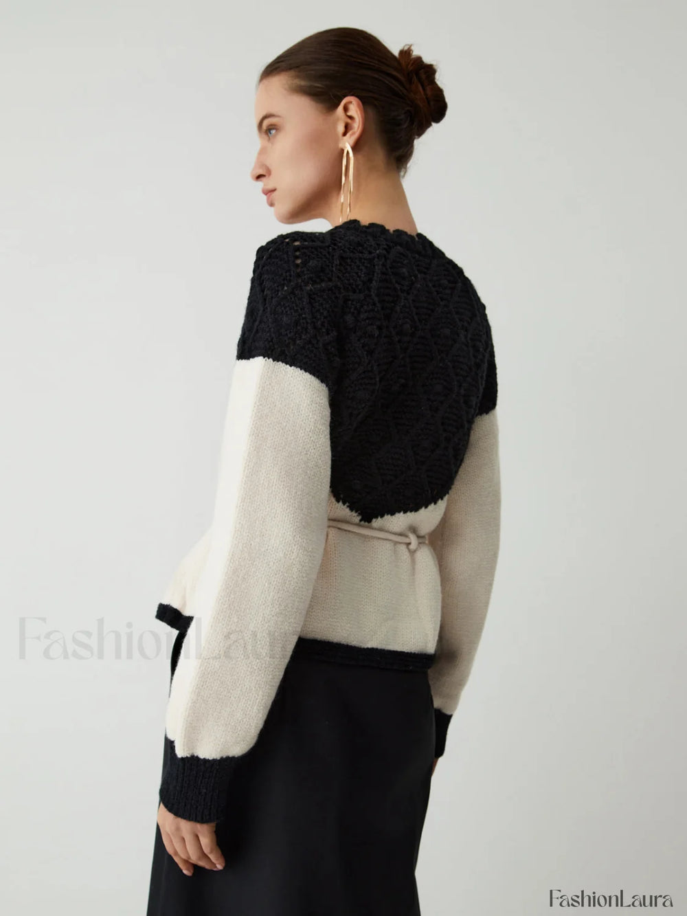 Pointelle Knit Patchwork Trendy Tie Front Sweater Sweaters L