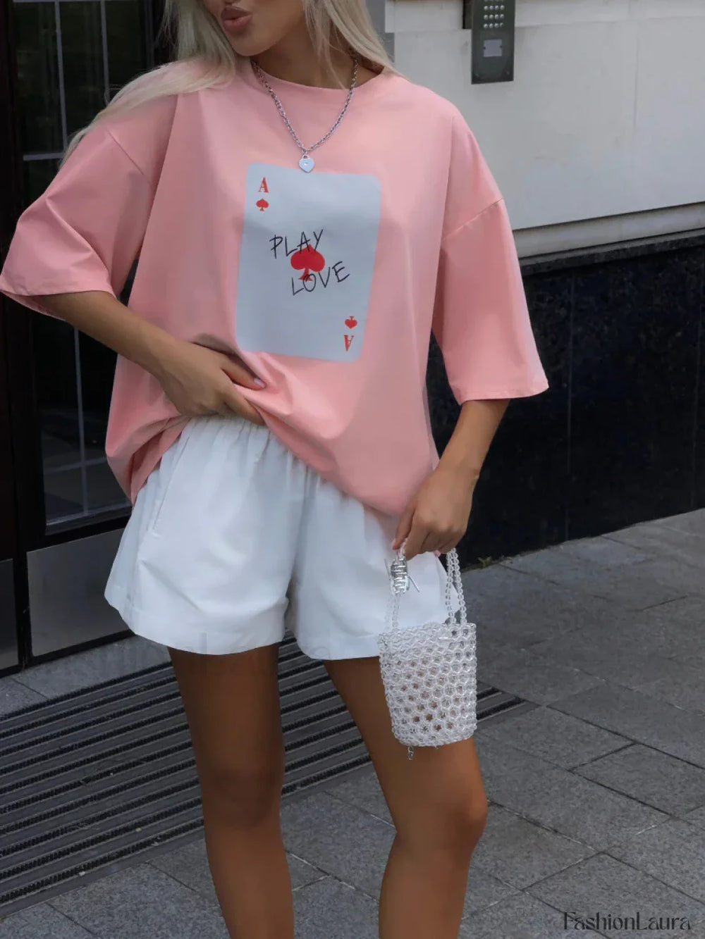 Poker Card Printed Loose Cotton T Shirt Pink / S