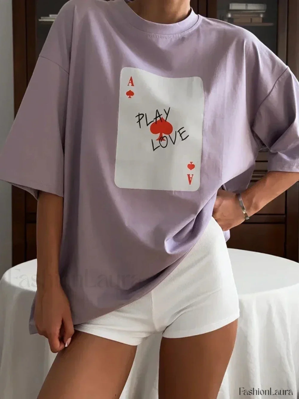 Poker Card Printed Loose Cotton T Shirt Purple / S