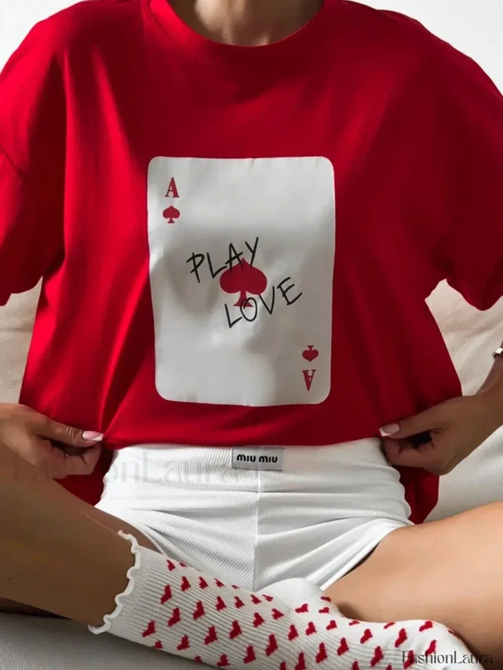 Poker Card Printed Loose Cotton T Shirt Red / S