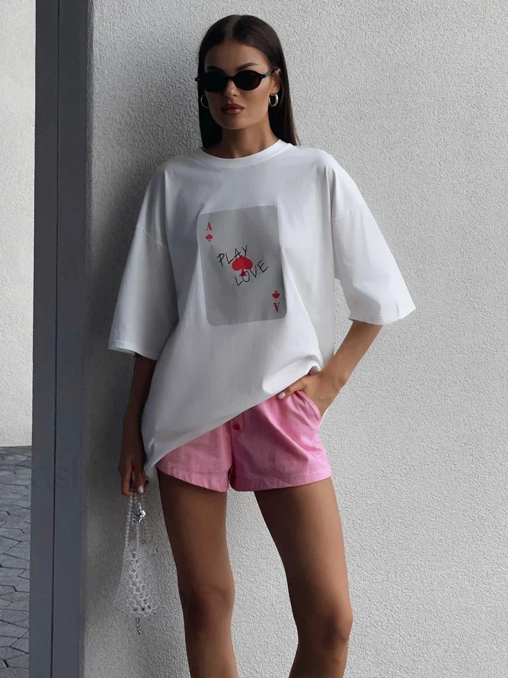 Poker Card Printed Loose Cotton T Shirt White / S