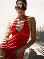 Polka Dot Halter V Neck Short Dress Dresses