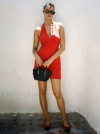 Polka Dot Halter V Neck Short Dress Dresses