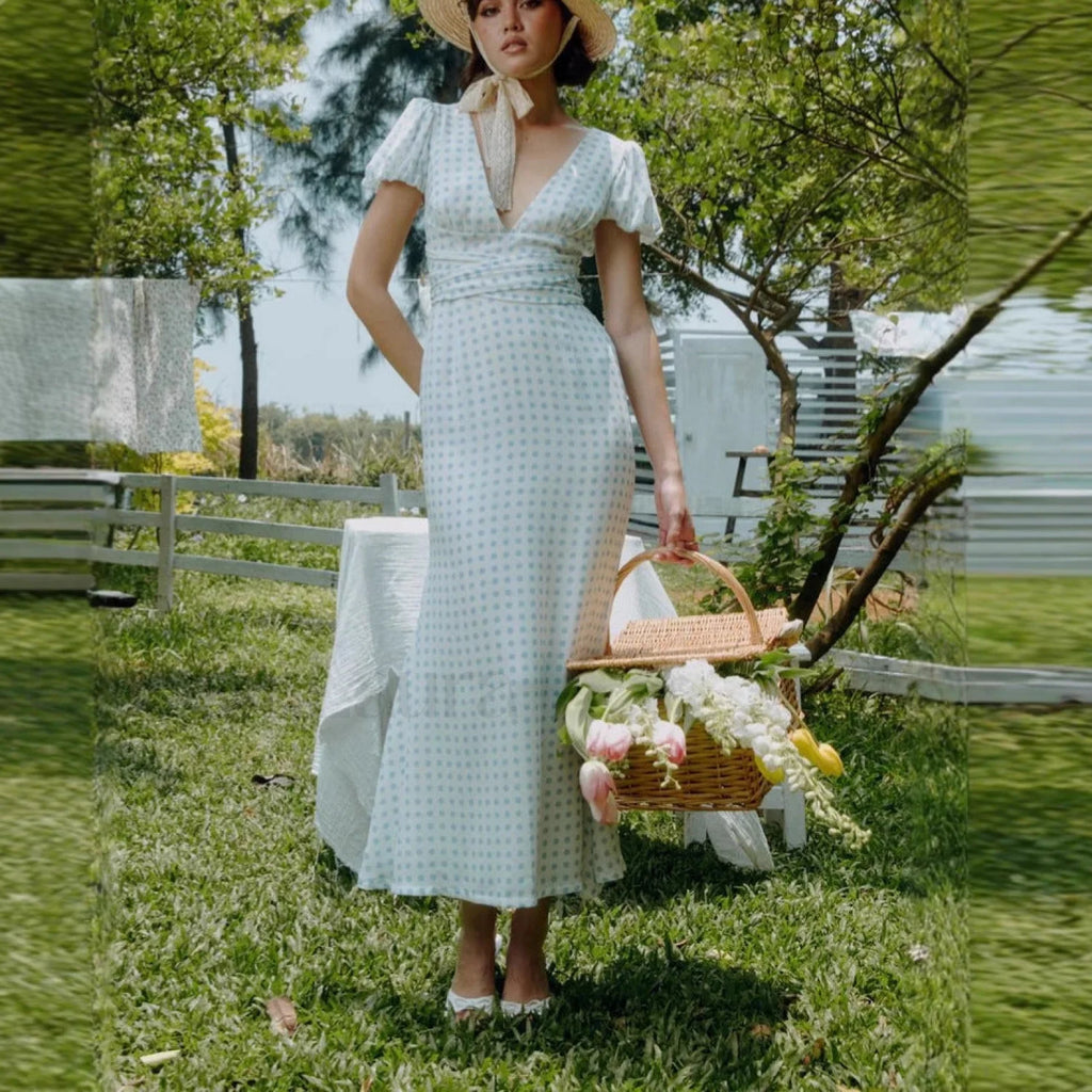 Polka Dot Lace Up French Gentle Wind Maxi Dress