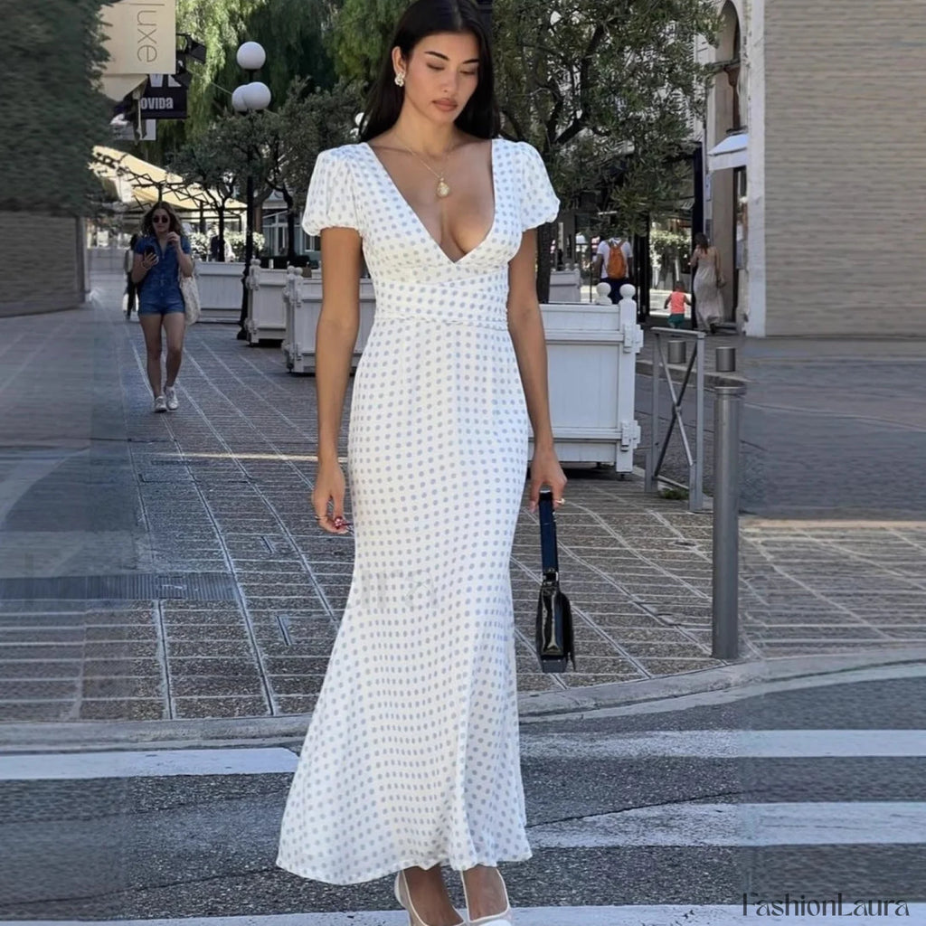Polka Dot Lace Up French Gentle Wind Maxi Dress Green Polka Dot / S