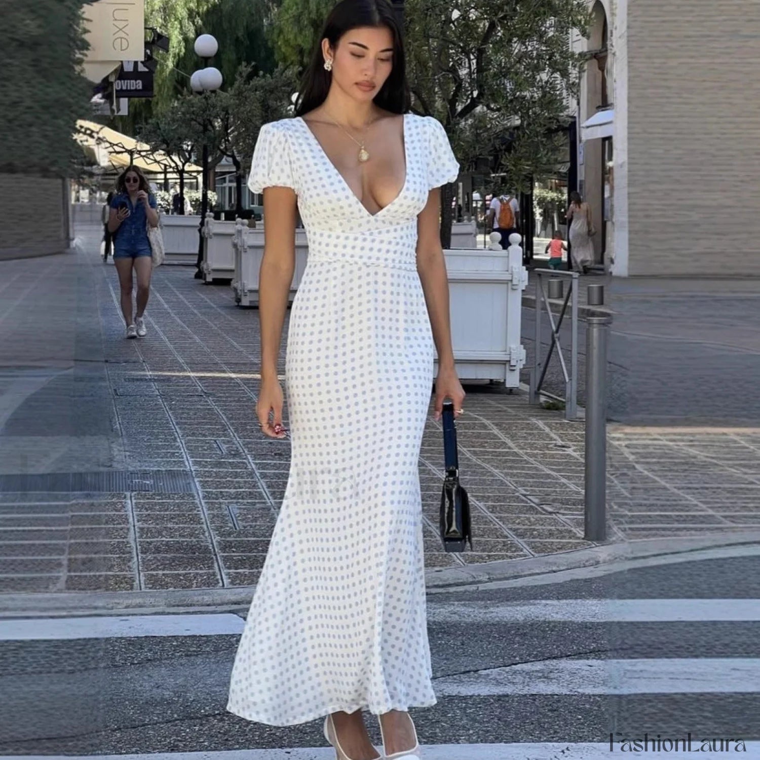 Polka Dot Lace Up French Gentle Wind Maxi Dress Green Polka Dot / S