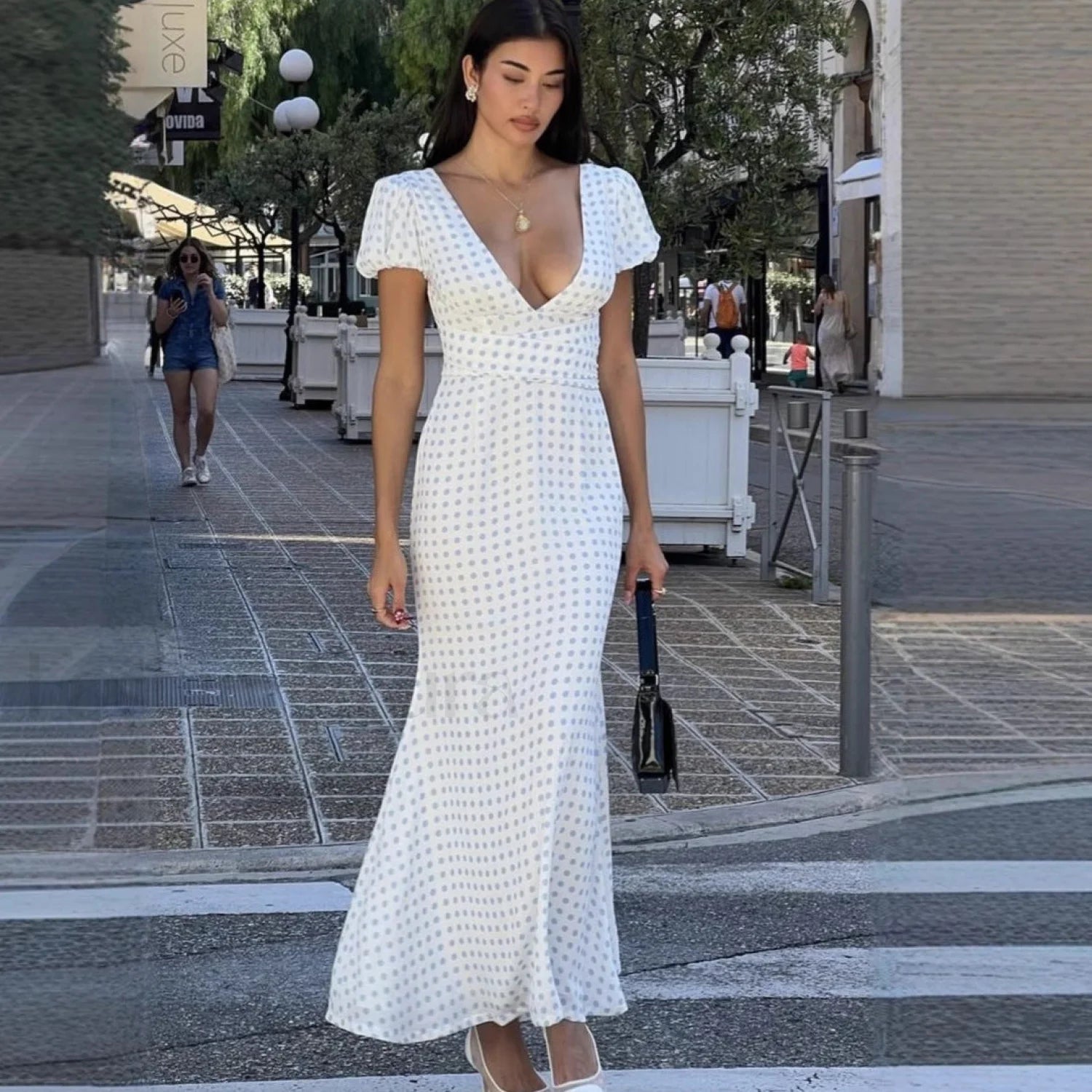 Polka Dot Lace Up French Gentle Wind Maxi Dress Green Polka Dot / S