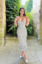 Polka Dot Pleated Slim Waist Strappy Maxi Dress