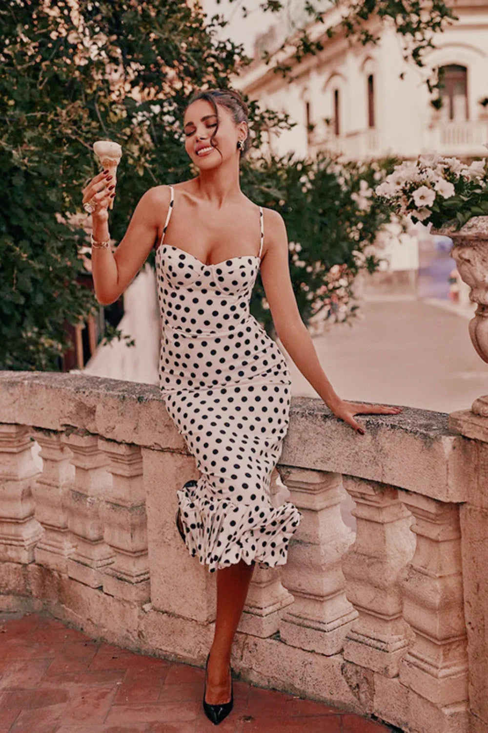 Polka Dot Pleated Slim Waist Strappy Maxi Dress
