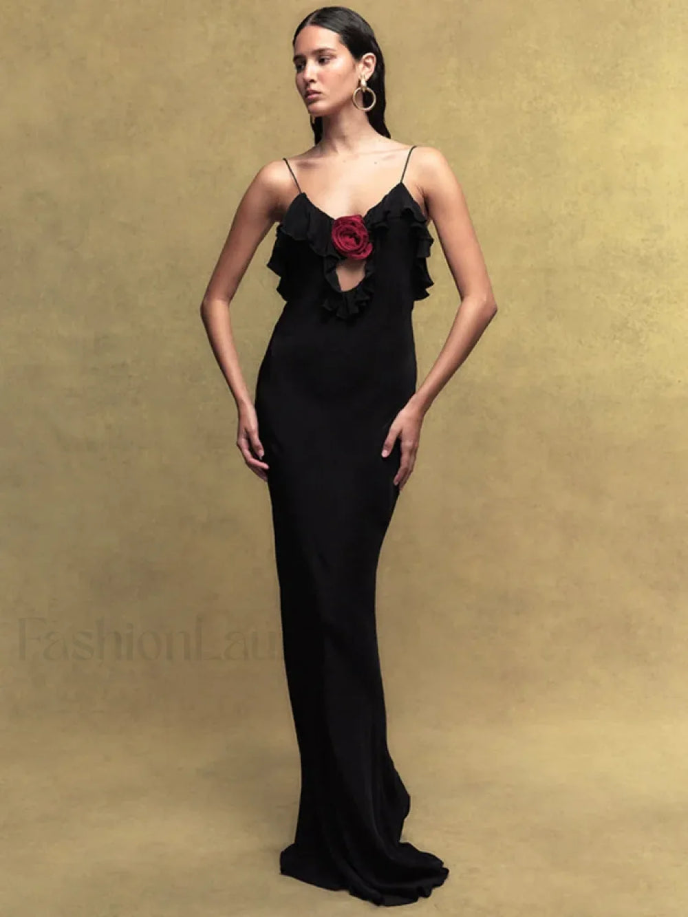 Polka Dot Rose Off Shoulder Maxi Dress Black / S