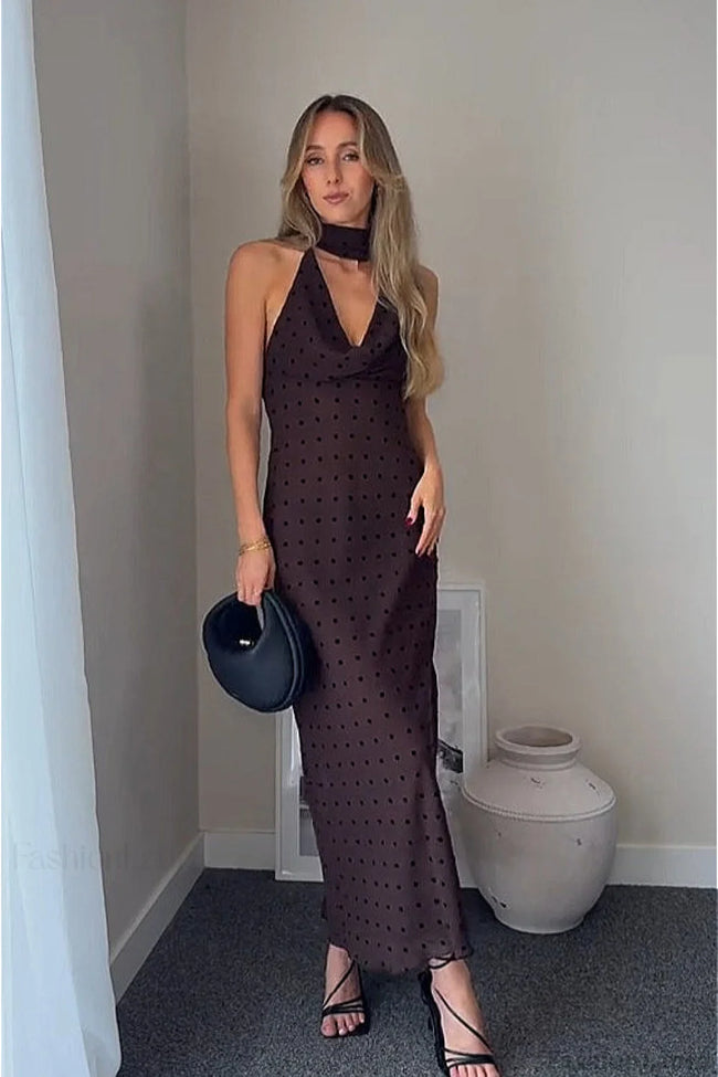 Polka Dot Scarf Neck Halter Maxi Dress Brown / S Main image