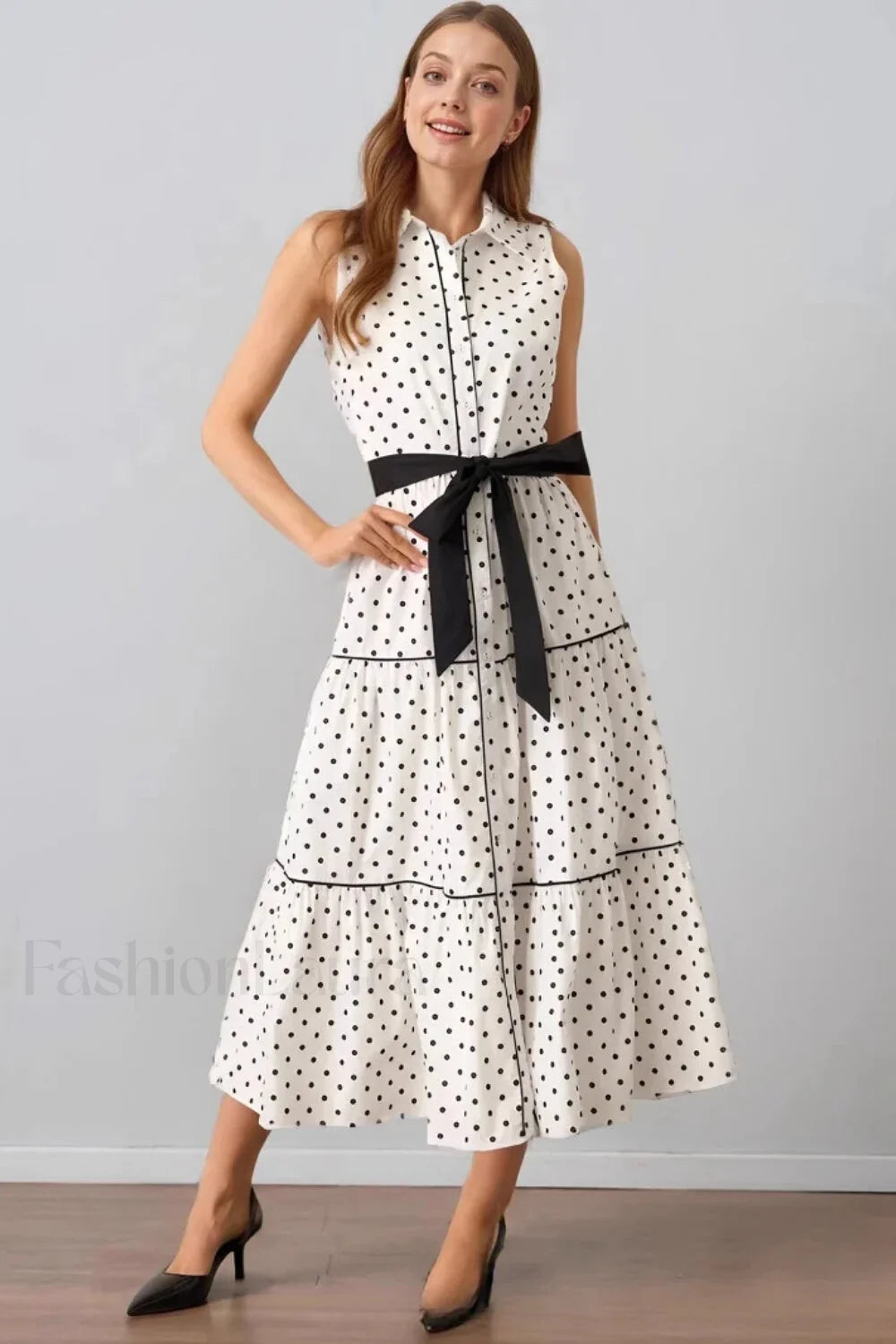 Polka Dot Sleeveless Lapel Fashion Maxi Dress White / S Main image
