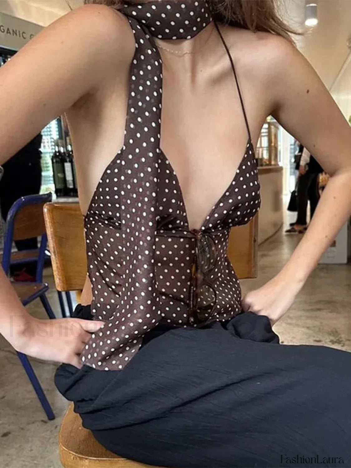 Polka Dot Tie Back Crop Top Coffee / S