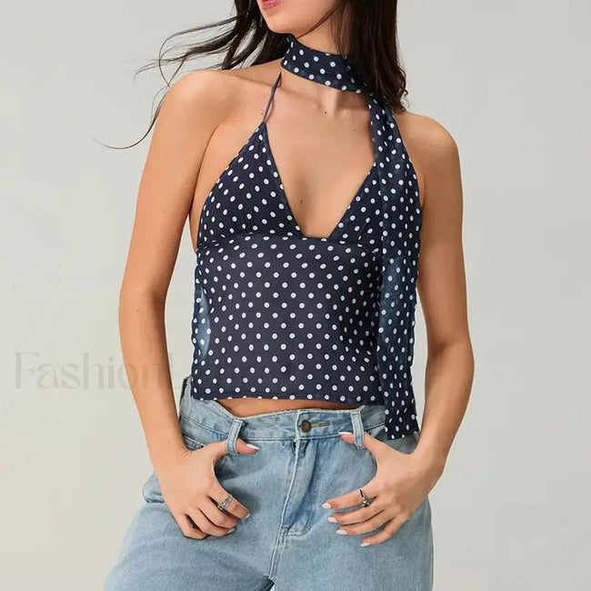 Polka Dot Tie Back Crop Top DEEP BLUE / S Main image