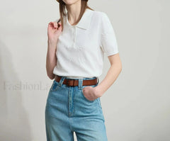 Polo Letter Knitted T Shirt Beige / S