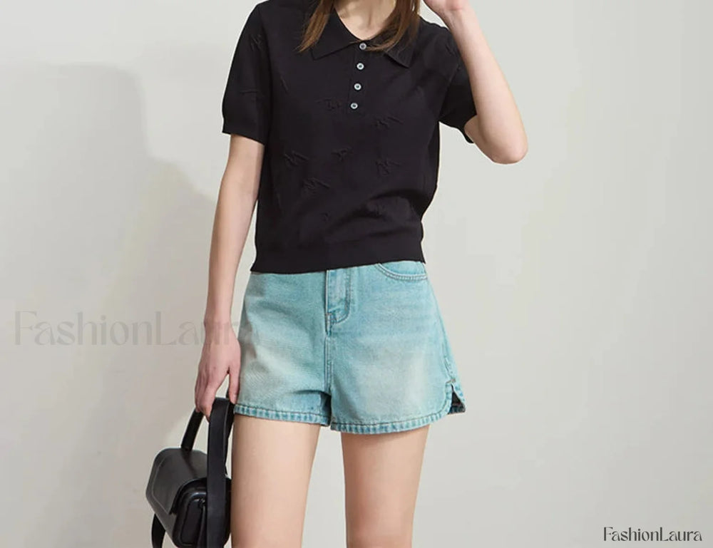 Polo Letter Knitted T Shirt Black / S