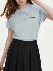 Polo Neck Light Blue Wool Cotton T Shirt