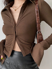 Polo Neck Long Sleeve Rib Blouse Brown / S Long Sleeves