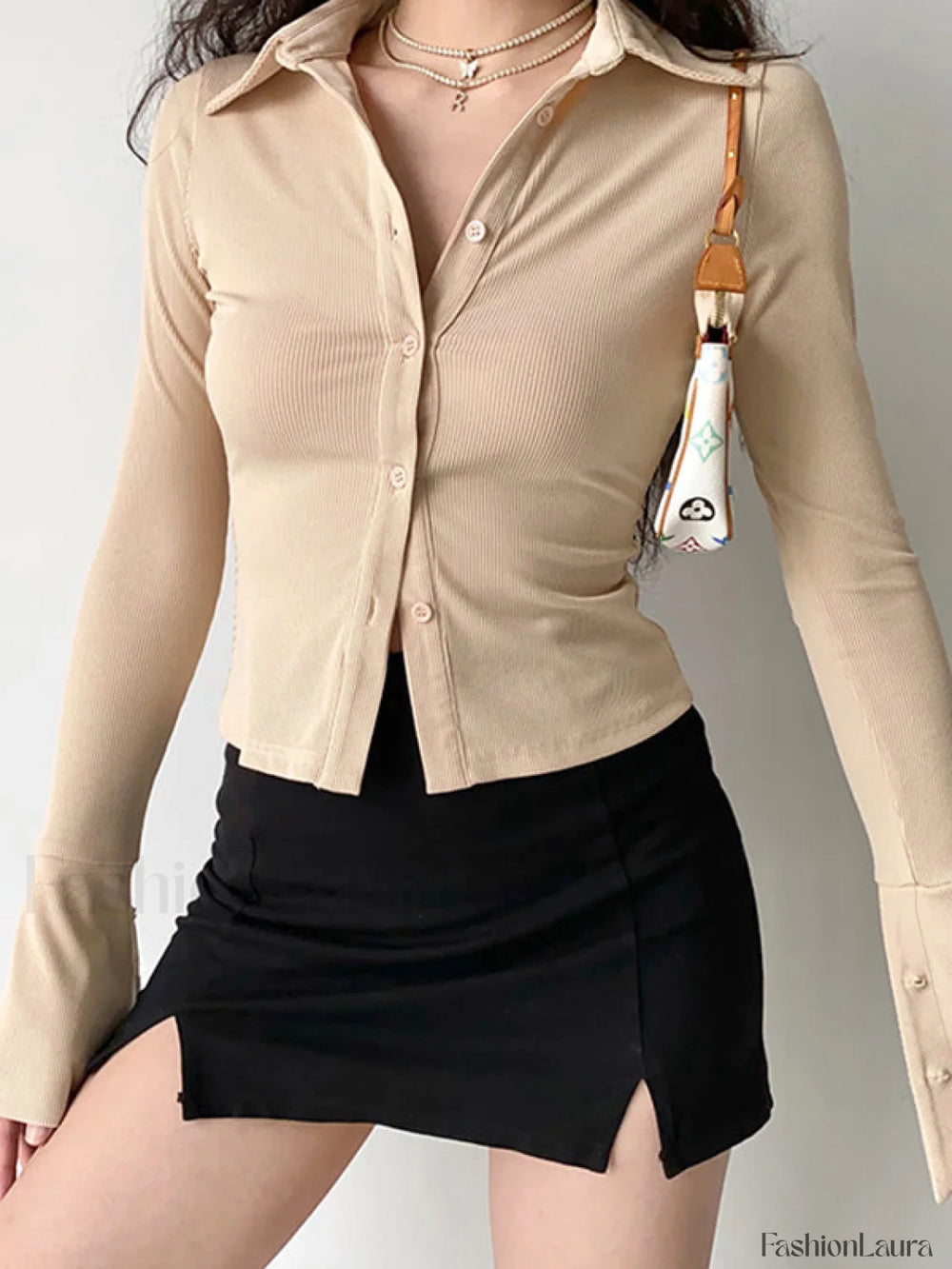 Polo Neck Long Sleeve Rib Blouse Long Sleeves