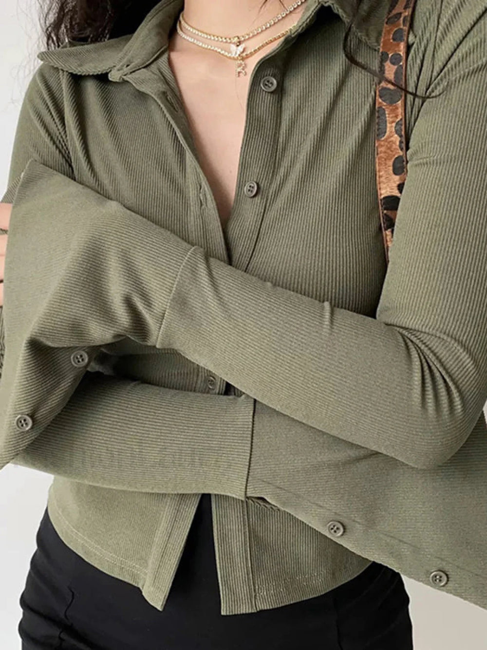 Polo Neck Long Sleeve Rib Blouse Long Sleeves