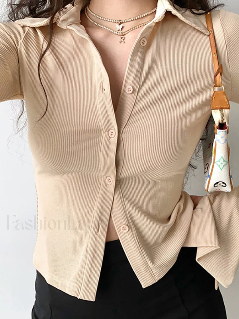 Polo Neck Long Sleeve Rib Blouse Long Sleeves