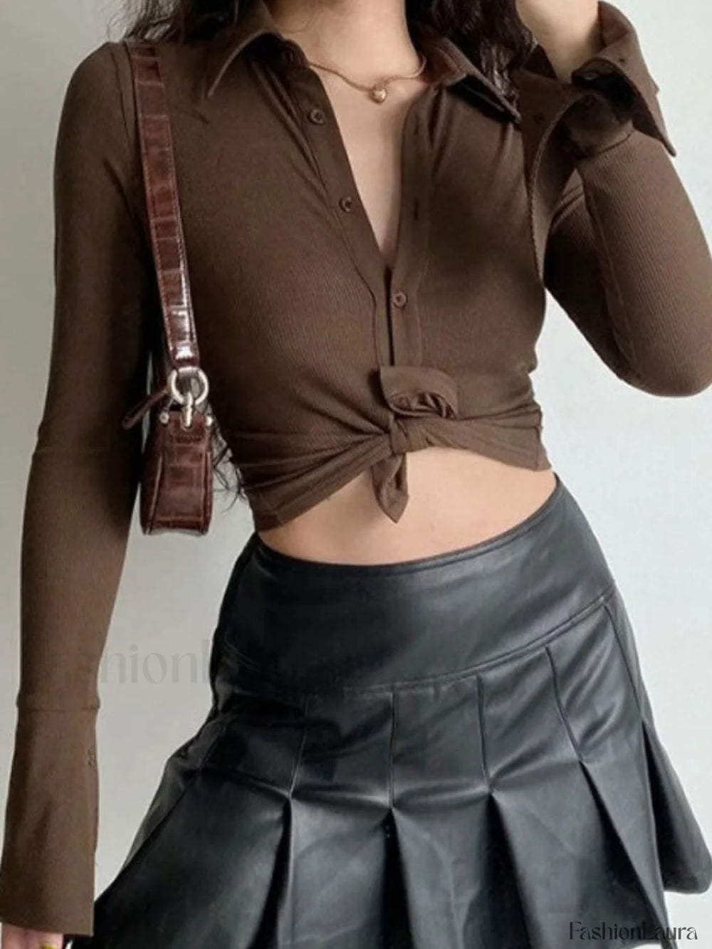 Polo Neck Long Sleeve Rib Blouse Long Sleeves