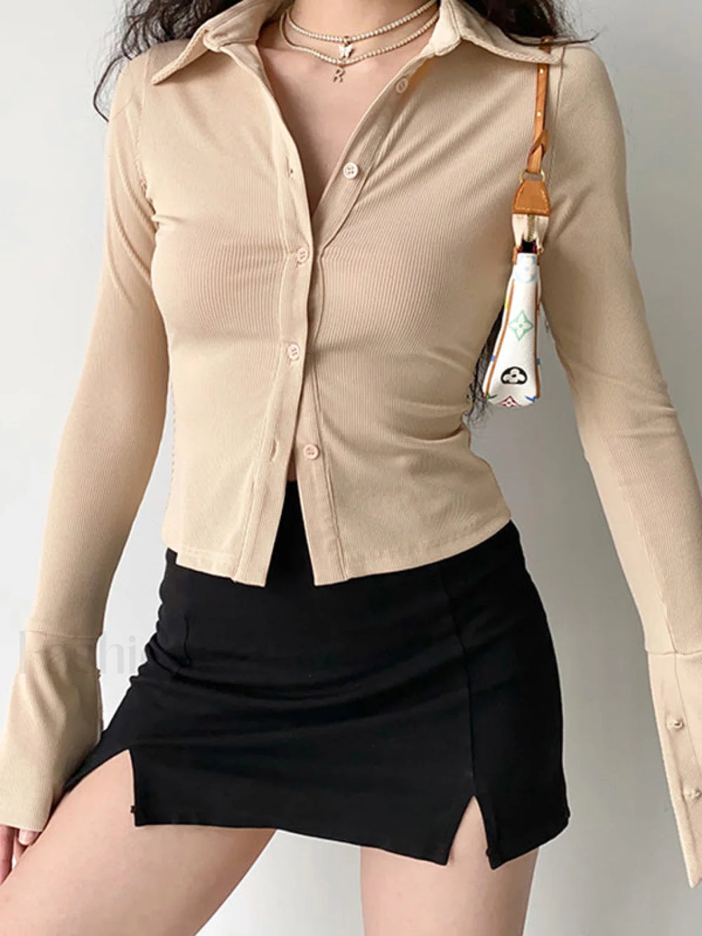 Polo Neck Long Sleeve Rib Blouse Long Sleeves