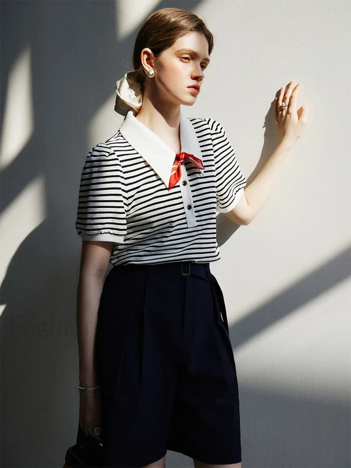 Polo Neck Stripe Contrasting Color T Shirt