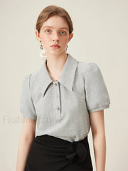 Polo Neck Stripe Contrasting Color T Shirt GRAY / S