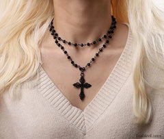 Popular Dark Gothic Layered Exaggerated Cross Necklace BLACK