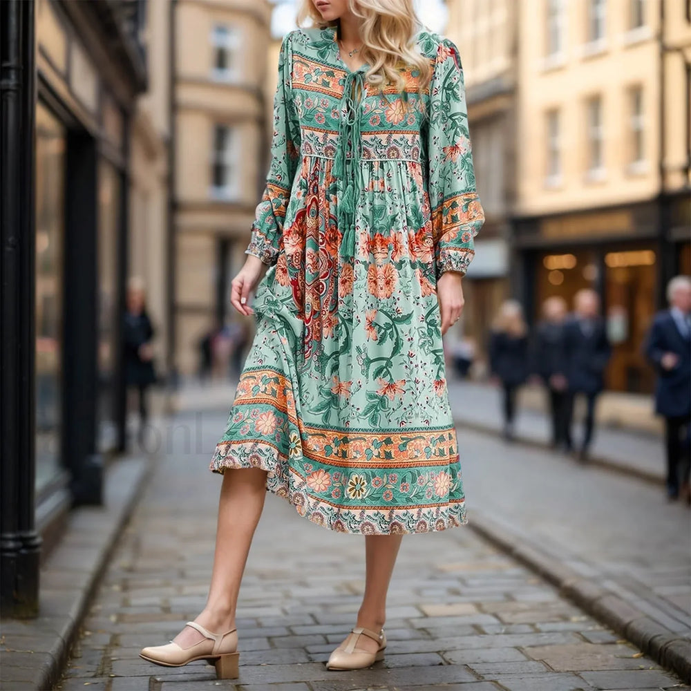 Porcelain Print Tie Neck Boho Dress Green / S