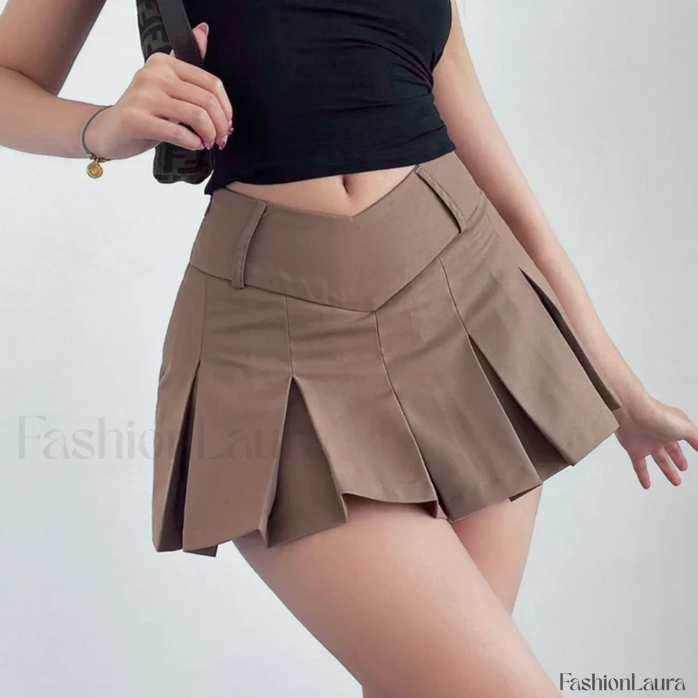 Preppy Solid High Waist Mini Skirt Brown / S