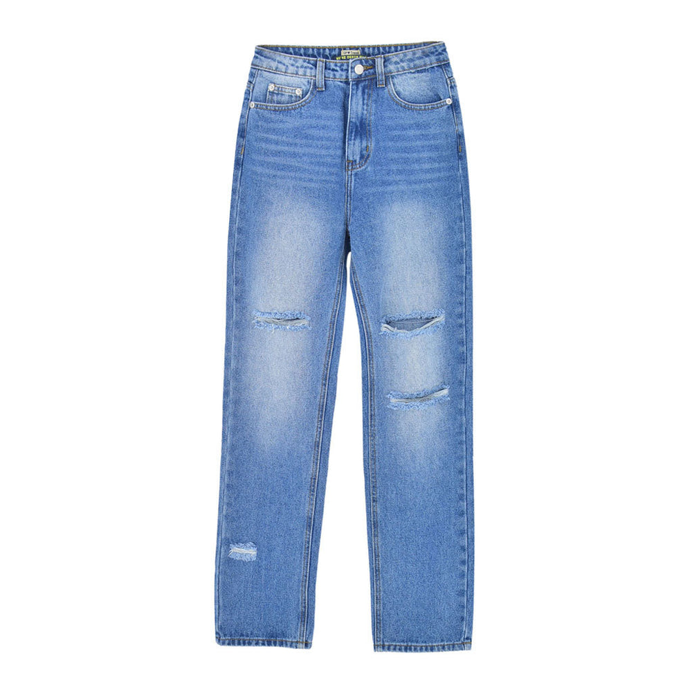 Preppy Style Cut Out High Waist Frayed Straight Leg Jeans Blue XL / Blue Jeans