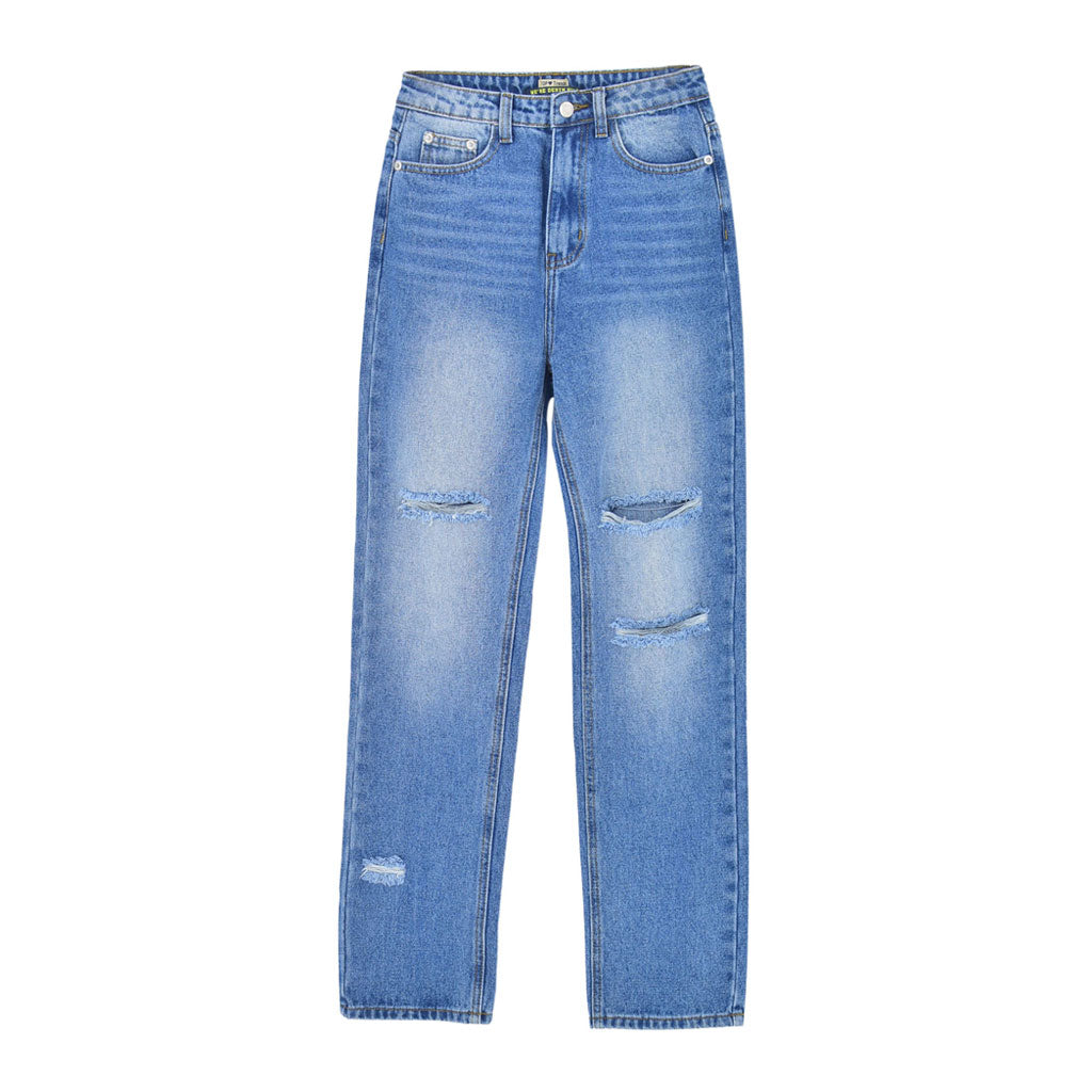 Preppy Style Cut Out High Waist Frayed Straight Leg Jeans Blue XL / Blue Jeans