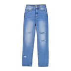 Preppy Style Cut Out High Waist Frayed Straight Leg Jeans Blue XL / Blue Jeans