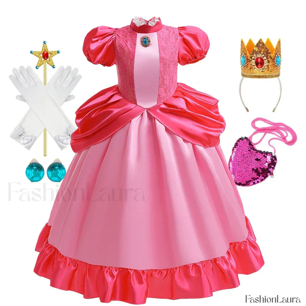 Princess Cosplay Peach Dress Accessories Role Play Carnival Birthday Kid Costume 2T (Tag 100) / Peach Dress C